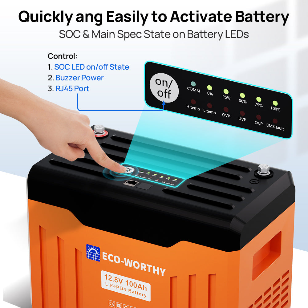 ECO-WORTHY 12V 100AH LiFePO4 Lithium Battery with Battery Status Display, 100A BMS with Low-Temp Protection