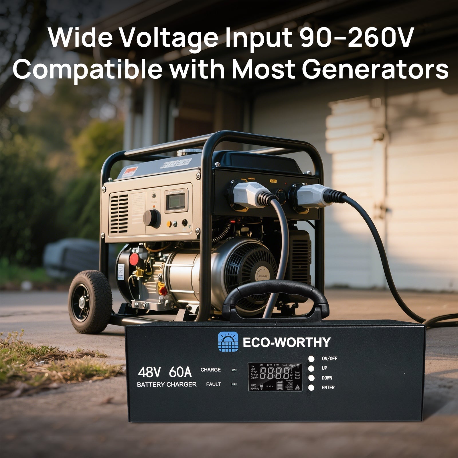 48V 60A Battery Charger: 3.2KW Max Power, 0-60A & 32-64V Adjustable, Lithium Battery Compatible, 90-260V AC Input, 120V/240VAC Generator Ready