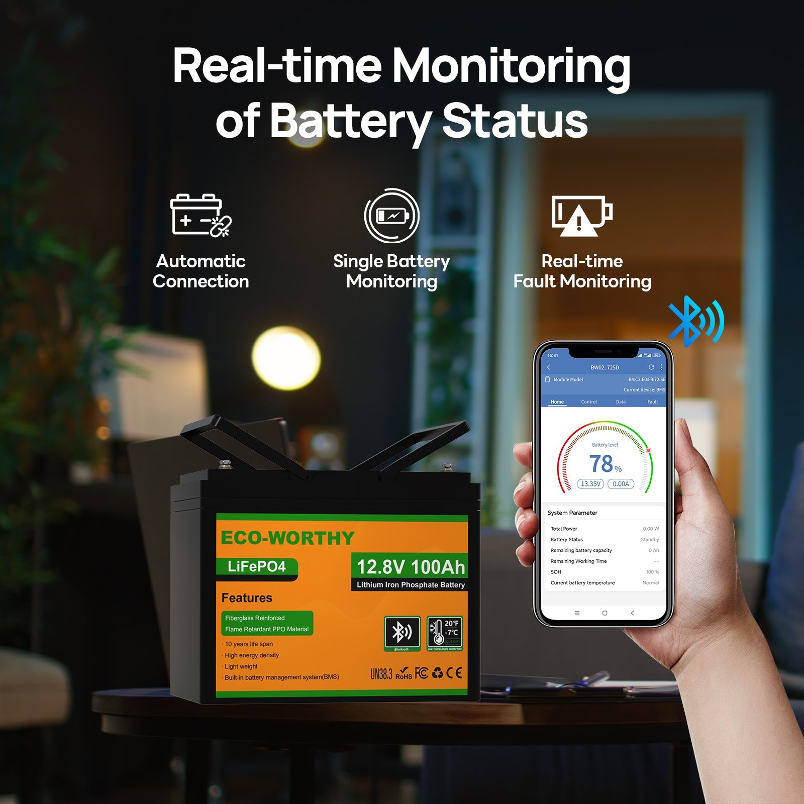 Upgraded LiFePO4 12V 100Ah Lithium Iron Phosphate Battery With Bluetooth,Low-temperature Protection,Dual Temperature Probes and Buzzer Fault Warning