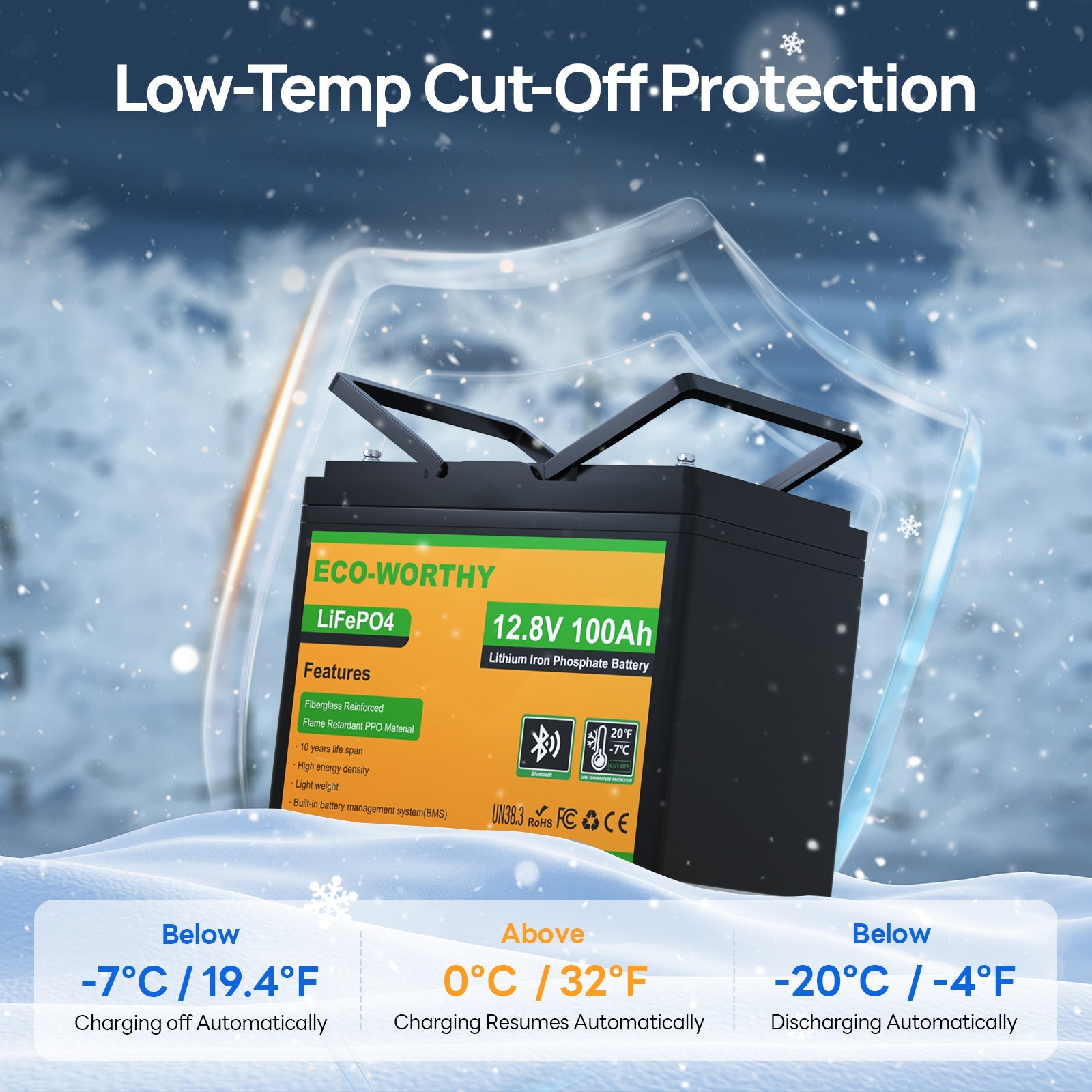 Upgraded LiFePO4 12V 100Ah Lithium Iron Phosphate Battery With Bluetooth,Low-temperature Protection,Dual Temperature Probes and Buzzer Fault Warning