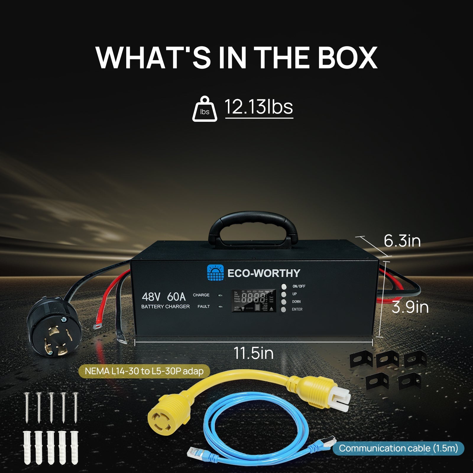 48V 60A Battery Charger: 3.2KW Max Power, 0-60A & 32-64V Adjustable, Lithium Battery Compatible, 90-260V AC Input, 120V/240VAC Generator Ready