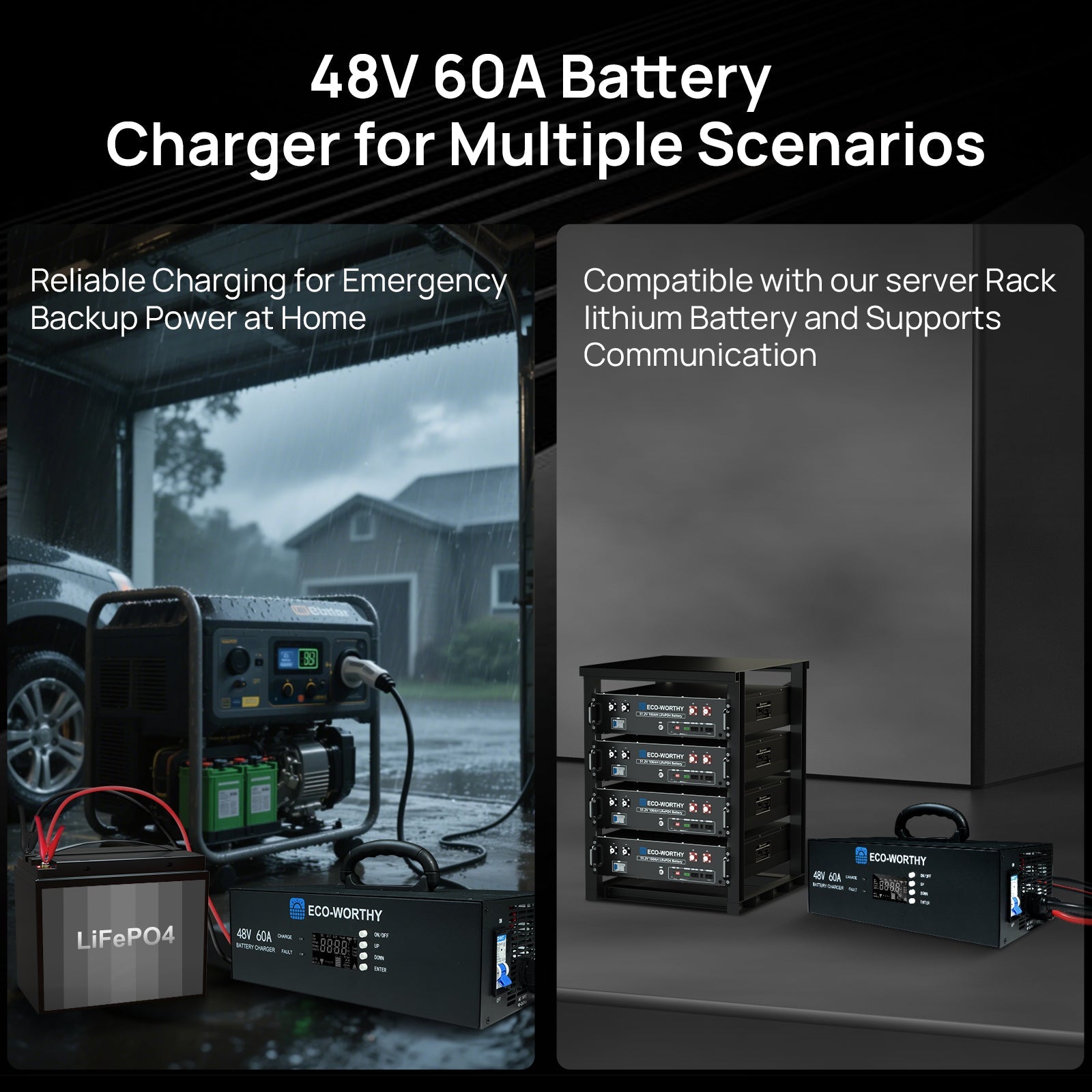 48V 60A Battery Charger: 3.2KW Max Power, 0-60A & 32-64V Adjustable, Lithium Battery Compatible, 90-260V AC Input, 120V/240VAC Generator Ready