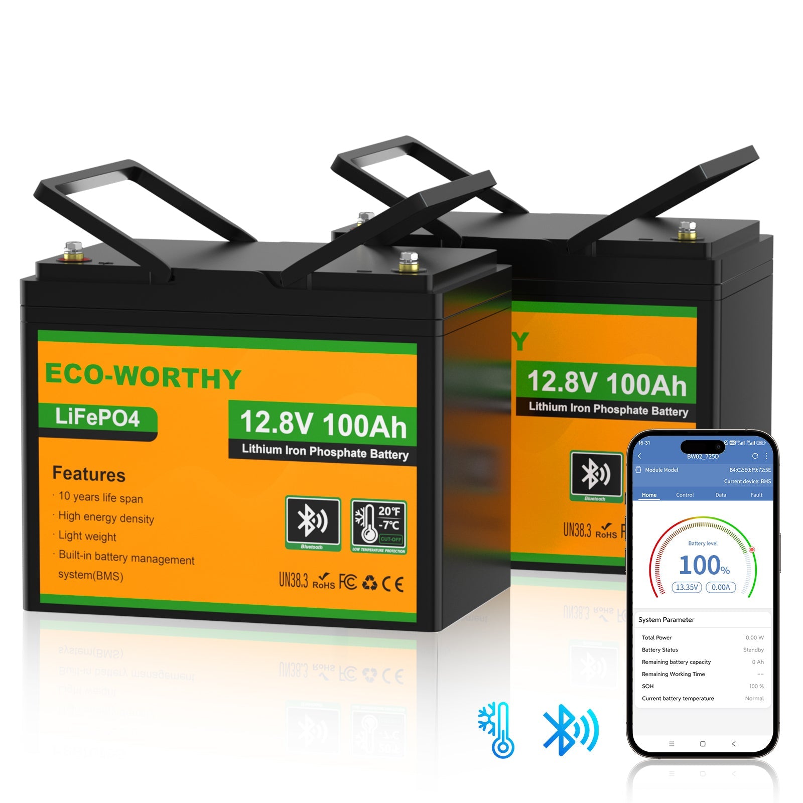 Upgraded LiFePO4 12V 100Ah Lithium Iron Phosphate Battery With Bluetooth,Low-temperature Protection,Dual Temperature Probes and Buzzer Fault Warning
