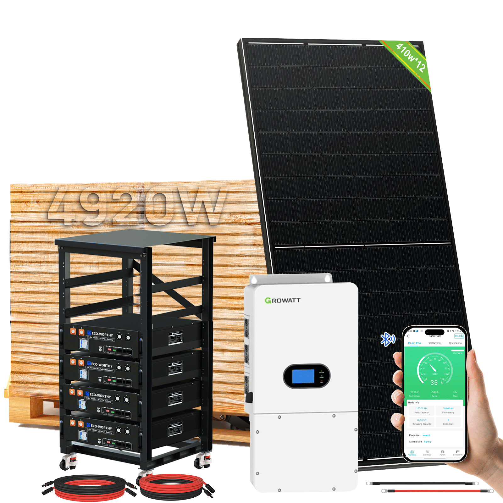ECO-WORTHY Home Hybrid Solar Power System: 10KW GROWATT 120V/240V Output+ 20.48kWh Lithium Battery (4*48v 100Ah)+ 4920W Solar Panel (12*410W)